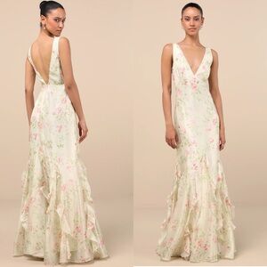 Lulu's Cream Floral Maxi Dress with Pink & Green Accents